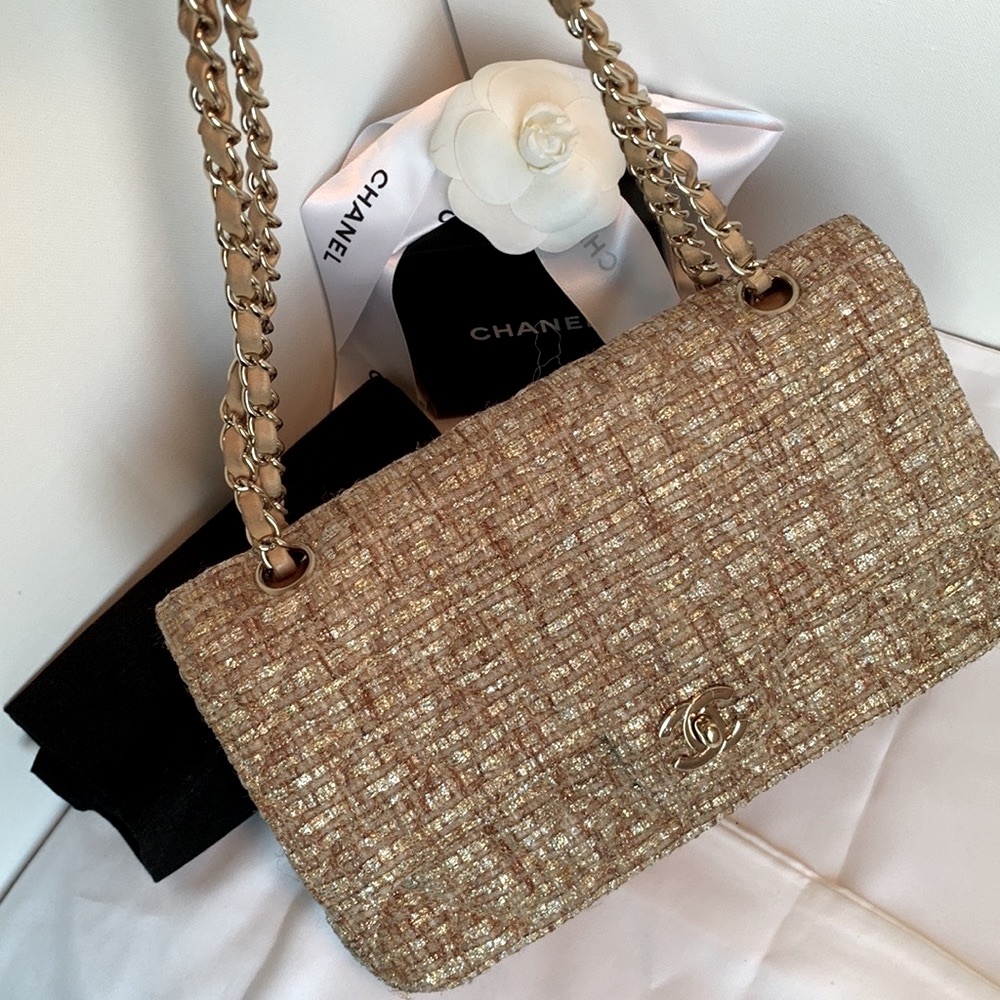Vintage 🤎 CHANEL RARE Metallic Gold Silver Tweed Quilted 2.55 Double Flap Bag - Picture 13 of 16